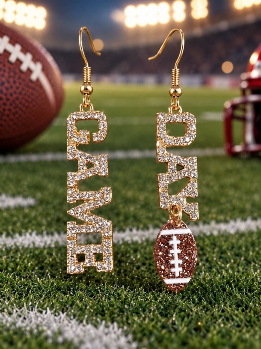 Game Day Dangle Earrings Rhinestone Goldtone Drop Football Sports Jewelry Fun